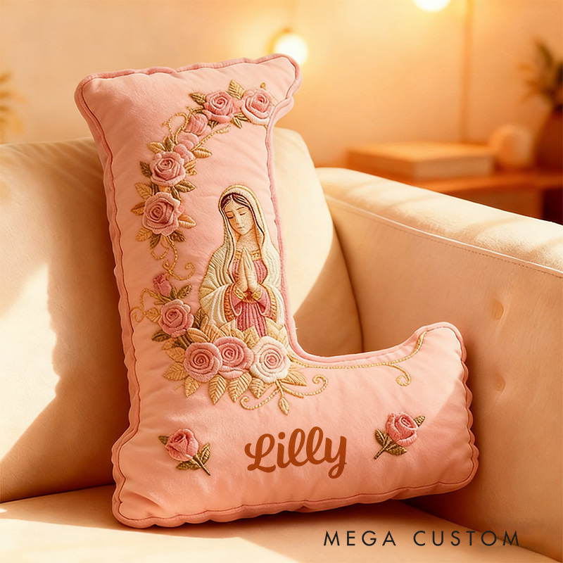 Personalized Virgin Mary Rose Pink Letter Pillow with Custom Name Graphic 3D Print Pillow Religious Home Decor Catholic Gift for Women