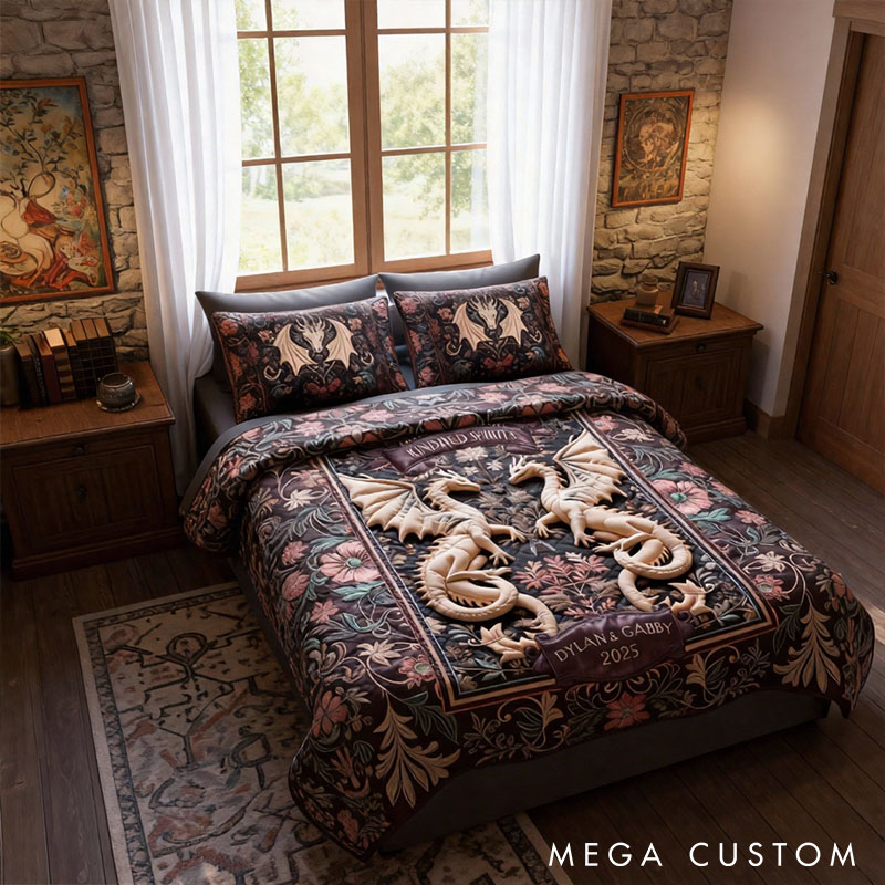 Personalized Couple Folk Medieval Dragon Bed Set Custom Kindred Spirits Graphic 3D Printed Bedding Decor with Name Anniversary Valentines Day Gift
