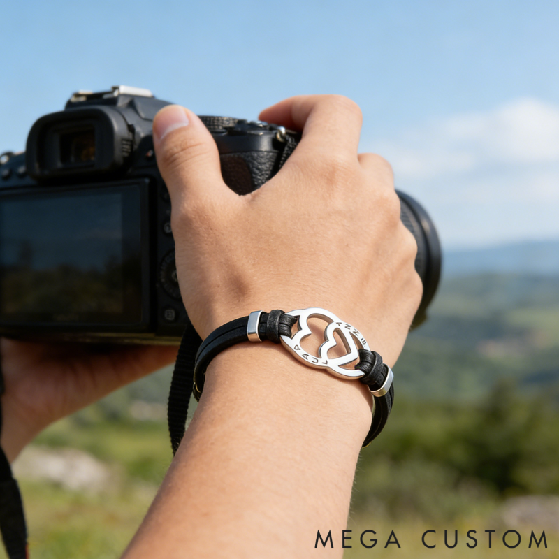 Personalized Stainless Steel Heart in Heart Leather Couple Bracelets with Custom Names for Lovers