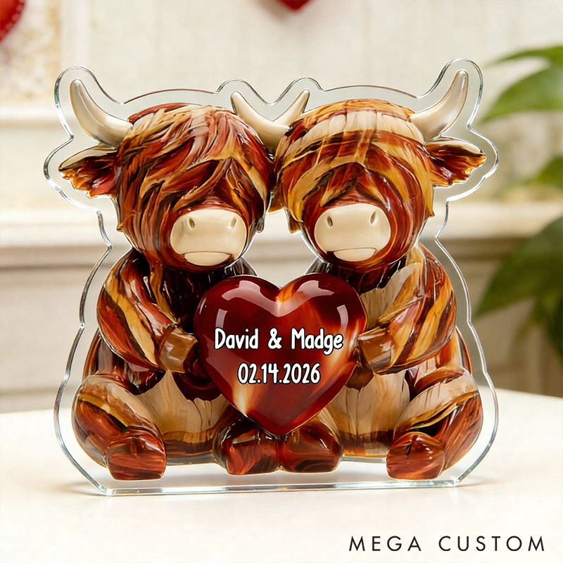 Personalized Highland Cow Couple with Heart Acrylic Plaque Custom Faux Wood Plaque with Name Anniversary Gift for Him Her Valentines Day Gift