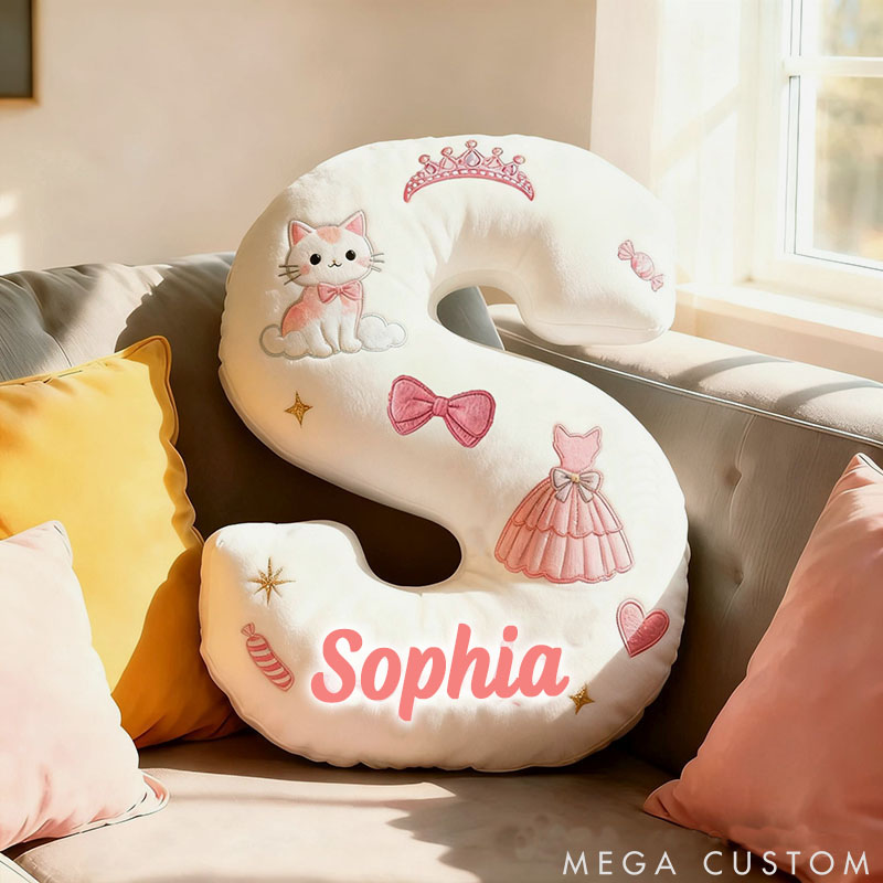Personalized Cat Lover Princess Dress Letter Pillow with Custom Name Pillow for Kid Graphic 3D Print