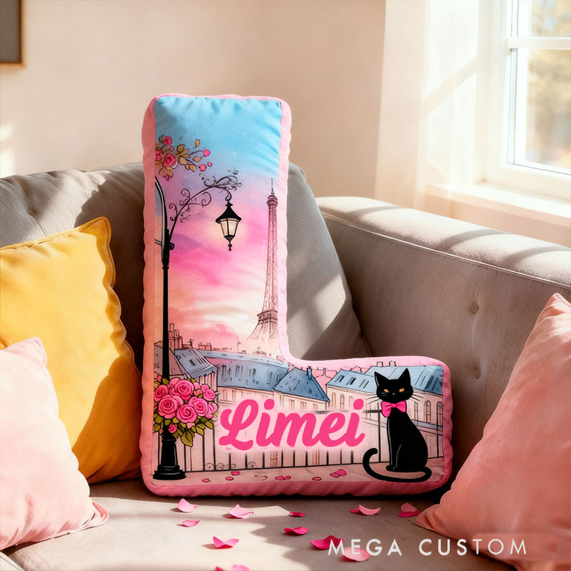 Personalized Cat Lover Flowers Black Cat Letter Pillow with Custom Name Graphic 3D Print