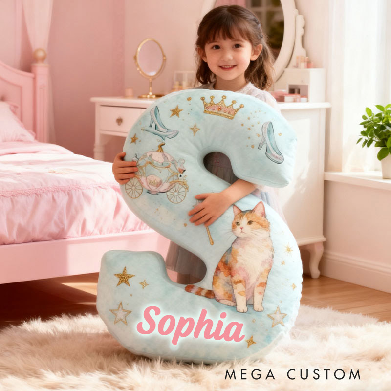 Personalized Cat Lover Crown Crystal Shoes Pumpkin Carriage Letter Pillow with Custom Name Graphic 3D Print