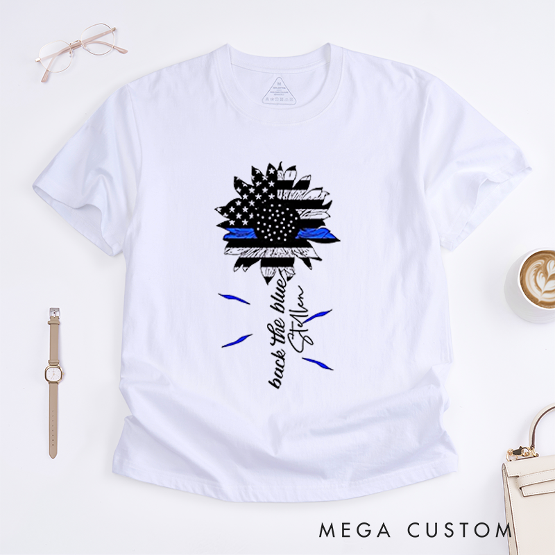 Personalized Back the Blue Sunflower American Flag Police Support Design Gift for Policewoman Police Officer T-Shirt
