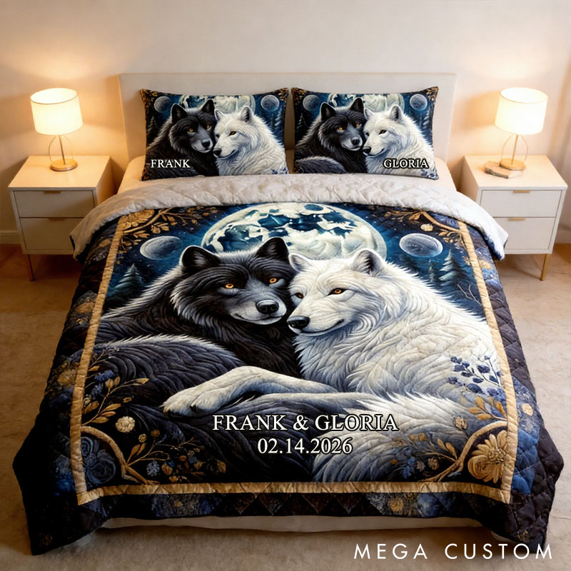 Personalized Couple Wolf Bed Set Custom Forest Moon Wolf Couple Graphic 3D Printed Bedding Decor with Name Anniversary Valentines Day Gift for Her Him