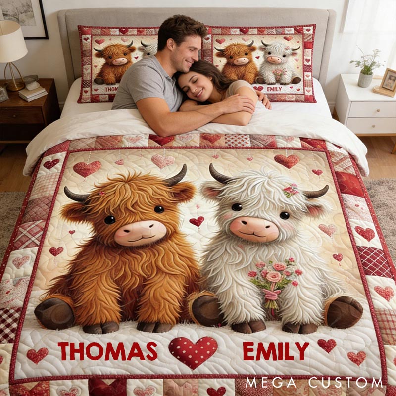 Personalized Couple Highland Cow Bed Set Custom Couple Valentines Day Graphic 3D Printed Bedding Decor with Name Anniversary Gift for Her Him
