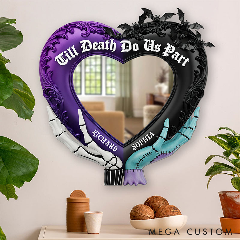Personalized Couple Spooky Till Death Do Us Part Mirror Custom Heart Shaped Graphic 3D Printed Mirror with Name Valentines Day Anniversary Gift
