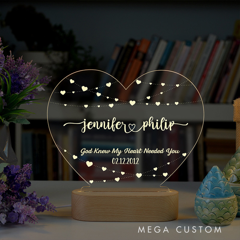 Personalized God Knew My Heart Needed You LED Night Light with Name & Date Heart Shaped Lamp Valentines Day Gift Anniversary Gift for Couple