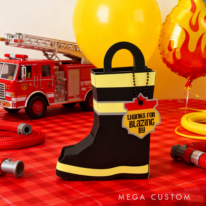 Personalized Firefighter Boot Gift Box - 3D Papercraft Treat Box for Kids, Fireman Themed Party Favors, Birthday Gift Packaging for Firefighter Lovers