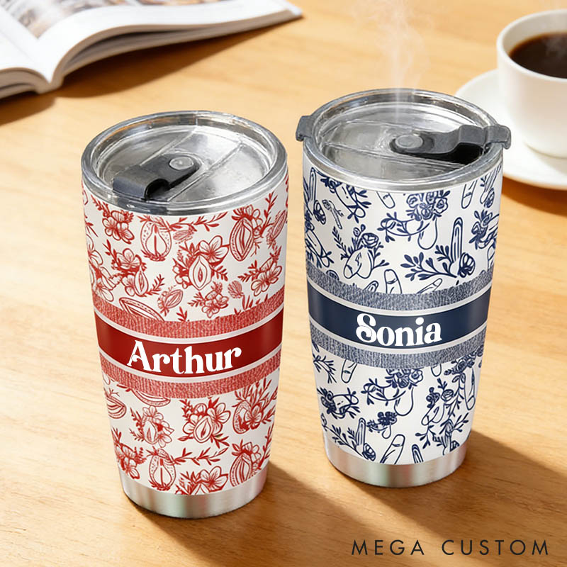 Personalized Couple Funny Toile De Jouy Genitals Pattern 20oz Tumbler Custom Couple Tumbler with Name Valentines Day Anniversary Gift for Him Her