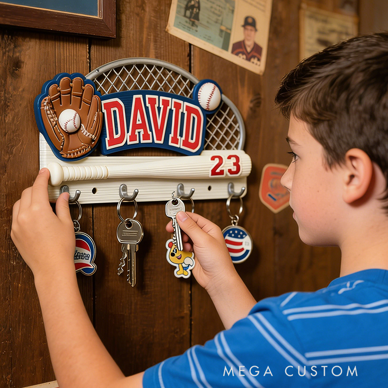 Personalized Custom Baseball Theme Key Holder - 3D Printed Personalized Name & Number Hook Rack, Sports Decor for Kids’ Room, Baseball Fan Gift 