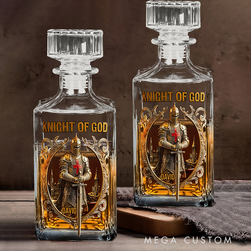 Personalized Knight of God Whiskey Decanter Set with Name Whiskey Glass Whiskey Bottle Religious Gift Christian Gift for Men