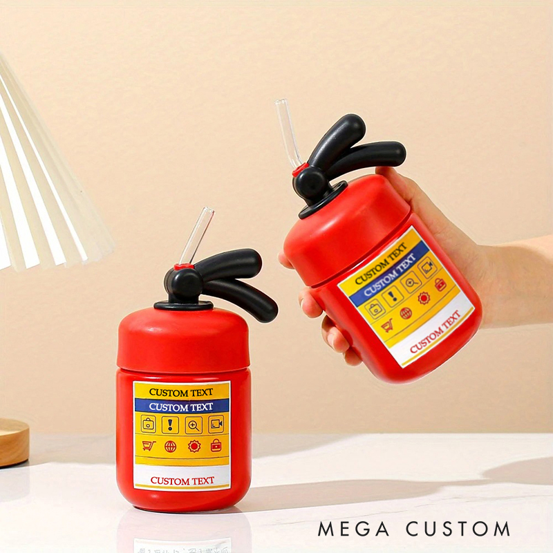 Personalized Custom Fire Extinguisher Shaped Straw Cup - Novelty Kids Water Bottle, Personalized Text Reusable Tumbler, Fun Firefighter Themed Drinkware for Boys/Girls