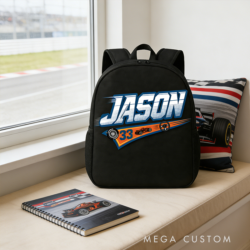 Personalized Racing Backpack Custom Name and Number School Bag Gift for Car Lovers and Motorsport Fans