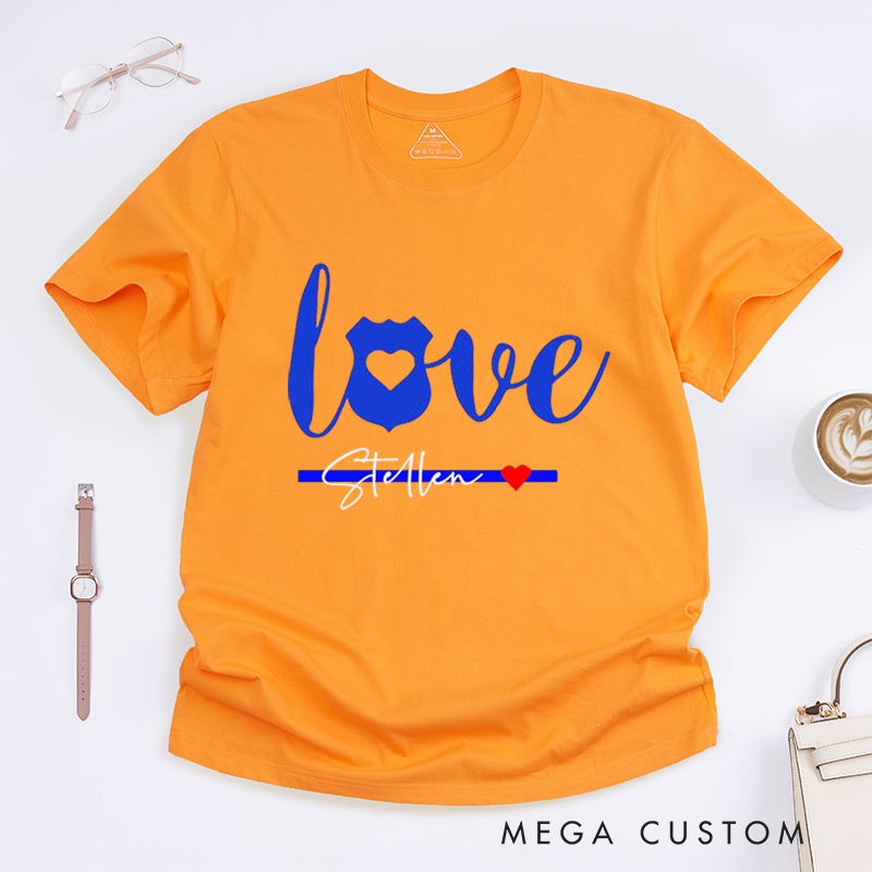 Personalized Love Thin Blue Line Police Support Custom Design Gift for Policewoman Police Officer T-Shirt
