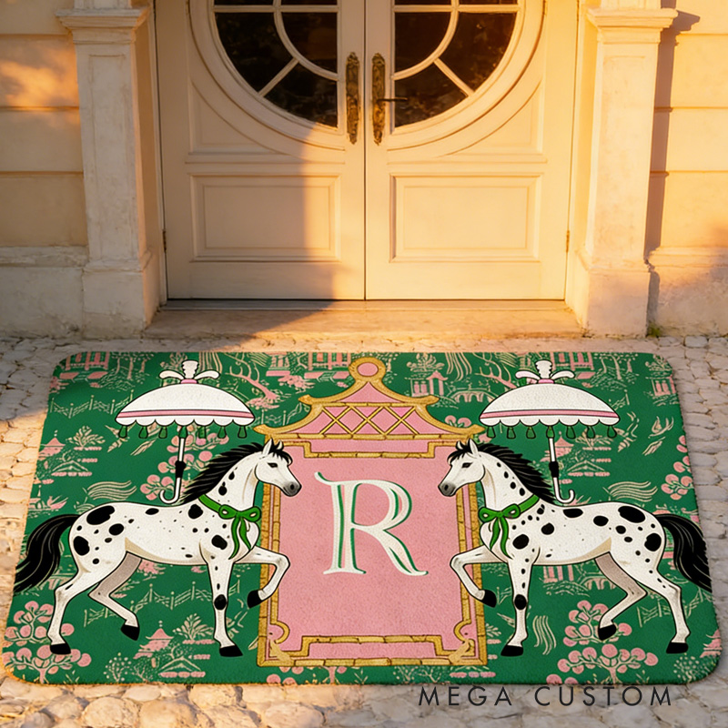 Personalized Horses Pagoda Chinoiserie Non Slip Door Mat with Initial Entryway Home Decor Housewarming Gift for Family for Riding Lovers Equestrian Lovers