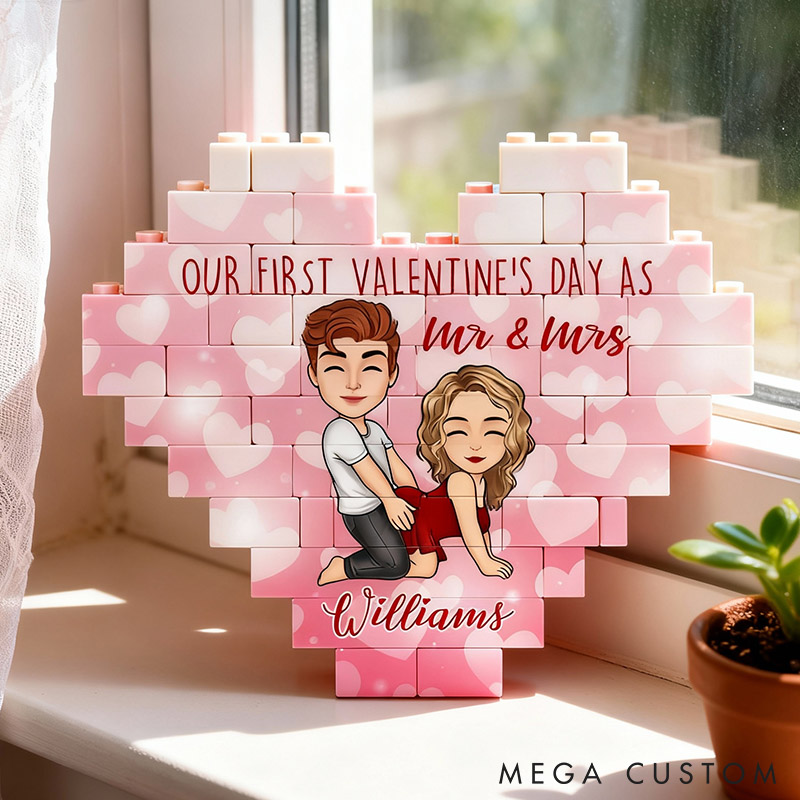 Personalized Valentine's Couple Heart Building Block Puzzle Custom Cartoon Couple Heart Plaque Valentine's Day Anniversary Gift for Couple