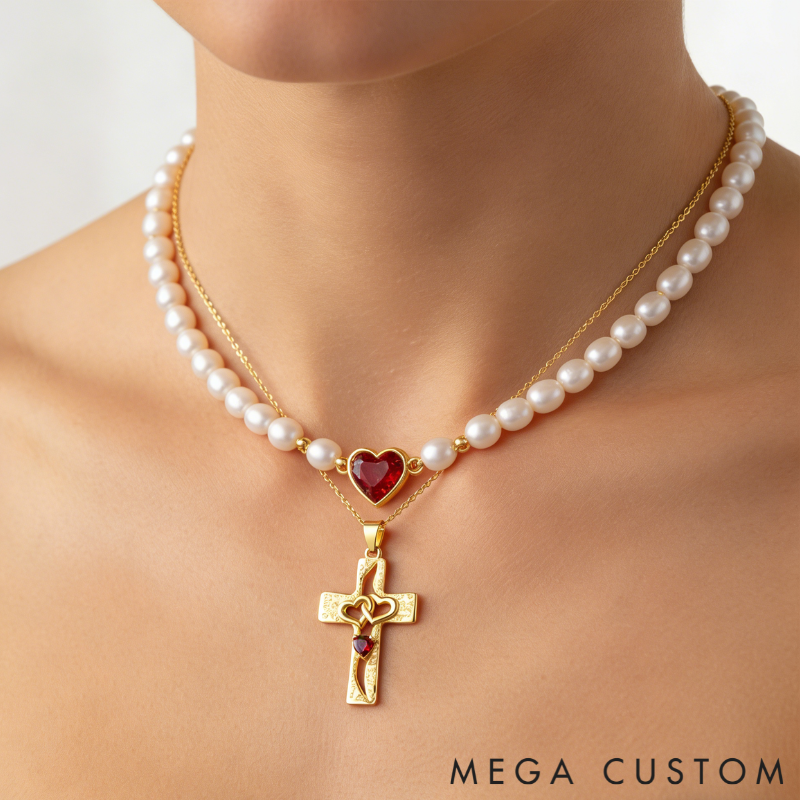 Personalized Sterling Silver Cross Interlocking Hearts Name and Birthstone Necklace