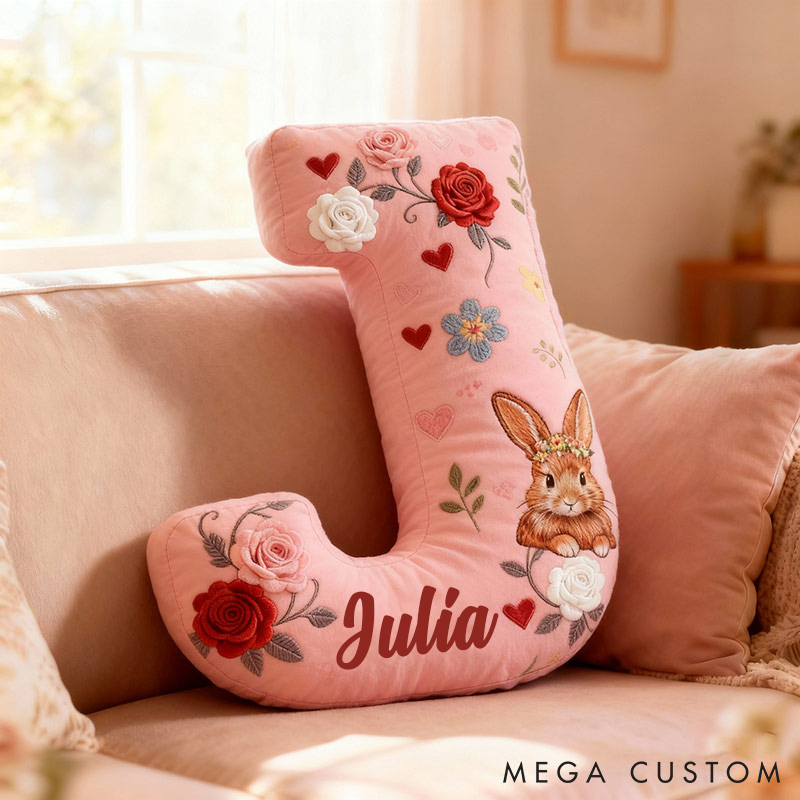 Personalized Girl friend Rose Pink 3D Printed Rabbit Pillow Custom Name Cushion Valentine's Gift for Her Christmas Gift for Flower girl