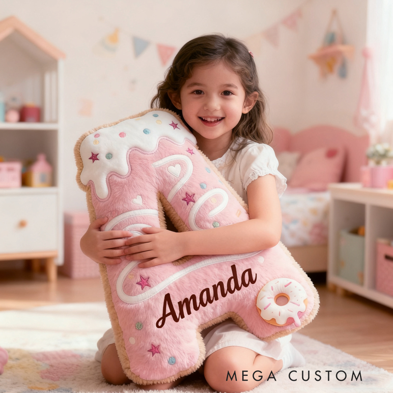 Personalized Cute Pink Donuts Initial Name Pillow Christmas Gift for Kids