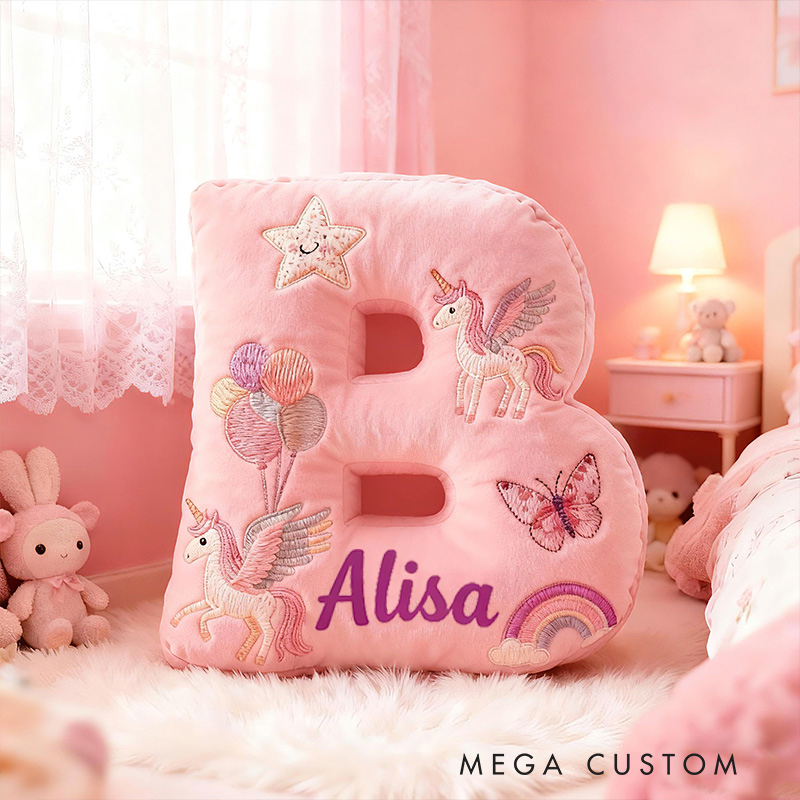 Personalized Pink Rainbow Letter Initial Custom Name Soft Decorative Gift Magical Girls Room Cozy Alphabet Shape  Graphic 3D Print Pillow