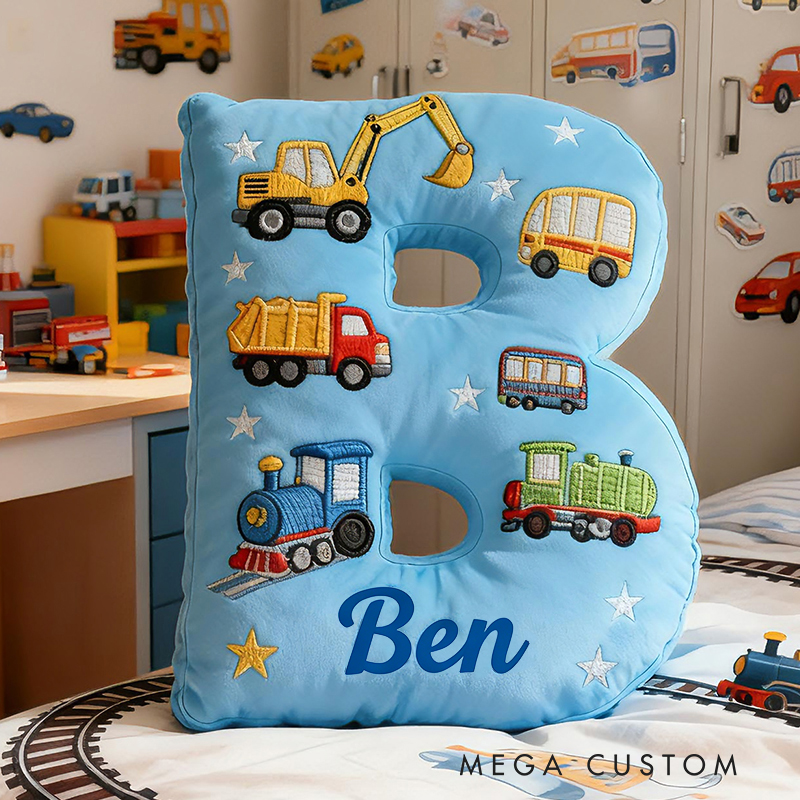 Personalized Letter Truck Custom Name Soft Decorative Gift Fun Construction Style Cozy Bedroom Colorful Car Bus Crane Vehicle Cute Boy Room Playtime Graphic 3D Print Pillow
