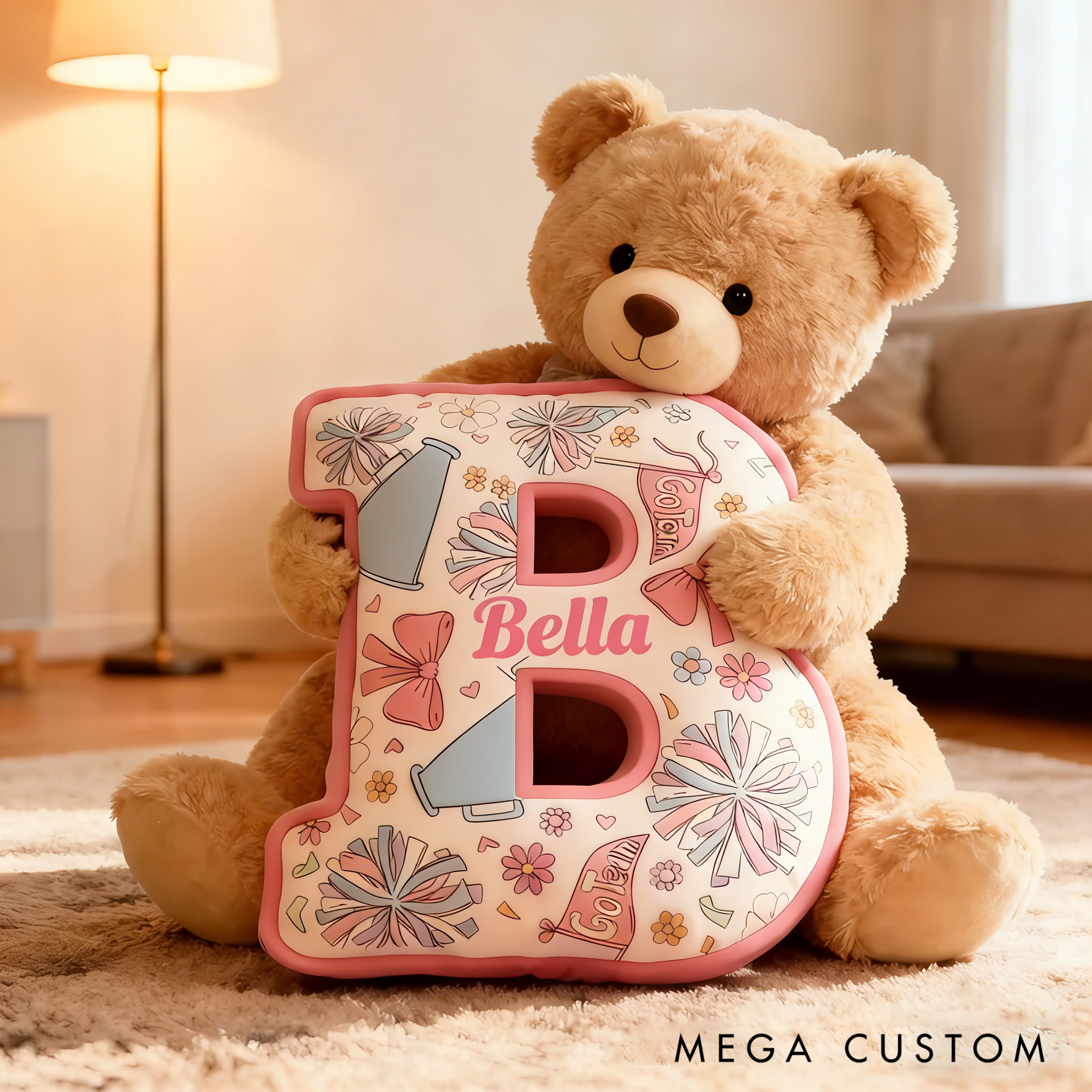 Personalized Cheerleading Initial Pillow with Custom Name and Cheer Theme Design