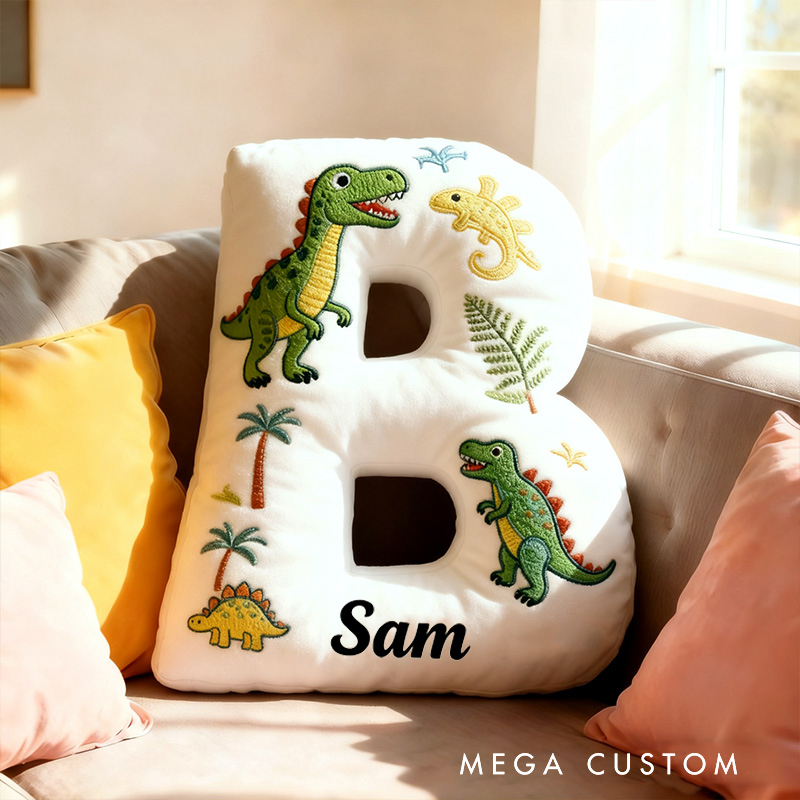 Personalized Dinosaur Letter Name Custom Kids Gift Fun Green T Rex Cute Prehistoric Soft Decorative Graphic 3D Print Pillow