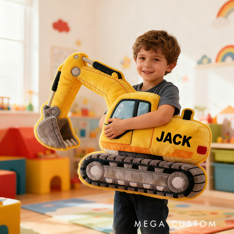 Personalized Excavator Truck Custom Name Soft Decorative Gift Construction Vehicle Style Cozy Bedroom Builder Machine Fun Playtime Boy Room Graphic 3D Print Pillow
