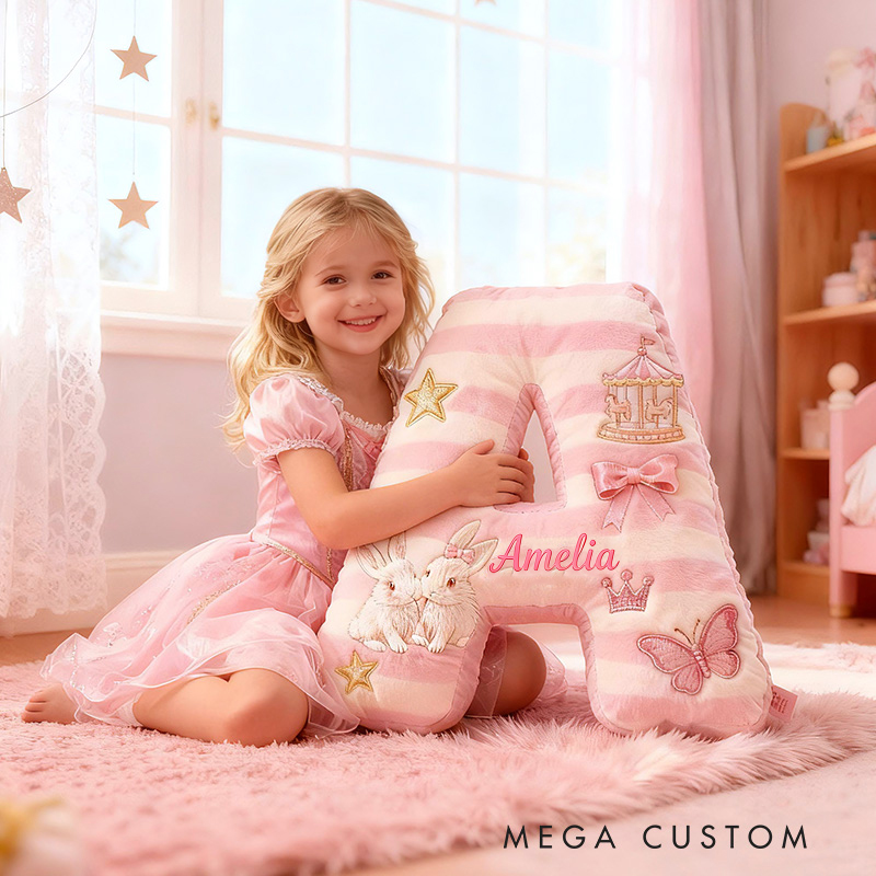 Personalized Pink Striped Bunny Star Butterfly Carousel Letter Initial Custom Name Soft Decorative Gift Cozy Girls Room  Graphic 3D Print Pillows Pillow