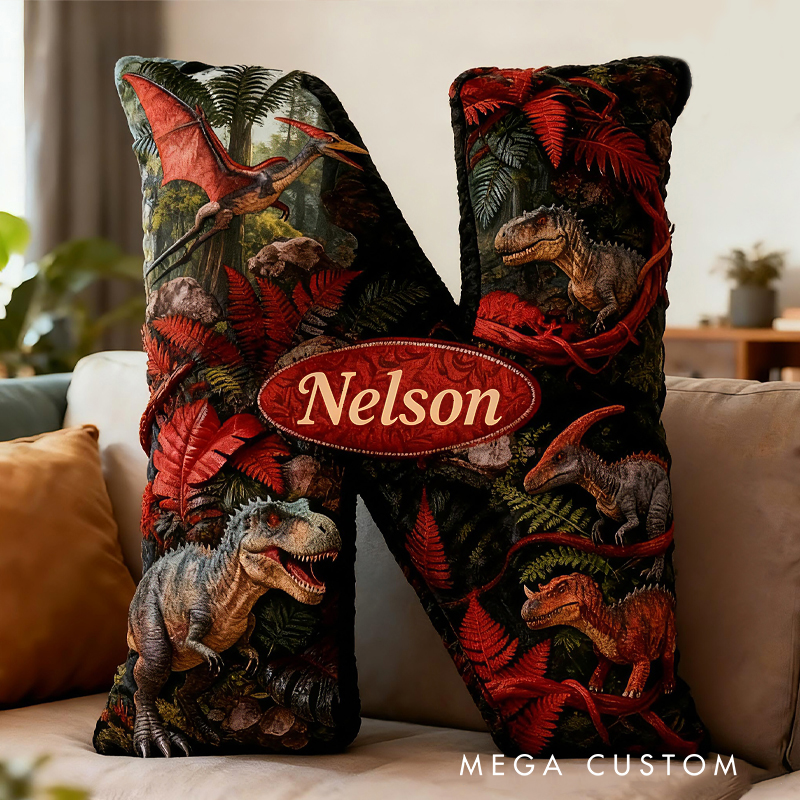 Personalized Dinosaur Jungle Letter Custom Name Soft Decorative Gift Adventure Forest Style Cozy Bedroom Green Red T Rex Velociraptor Fun Explorer Boy Room Graphic 3D Print Pillow