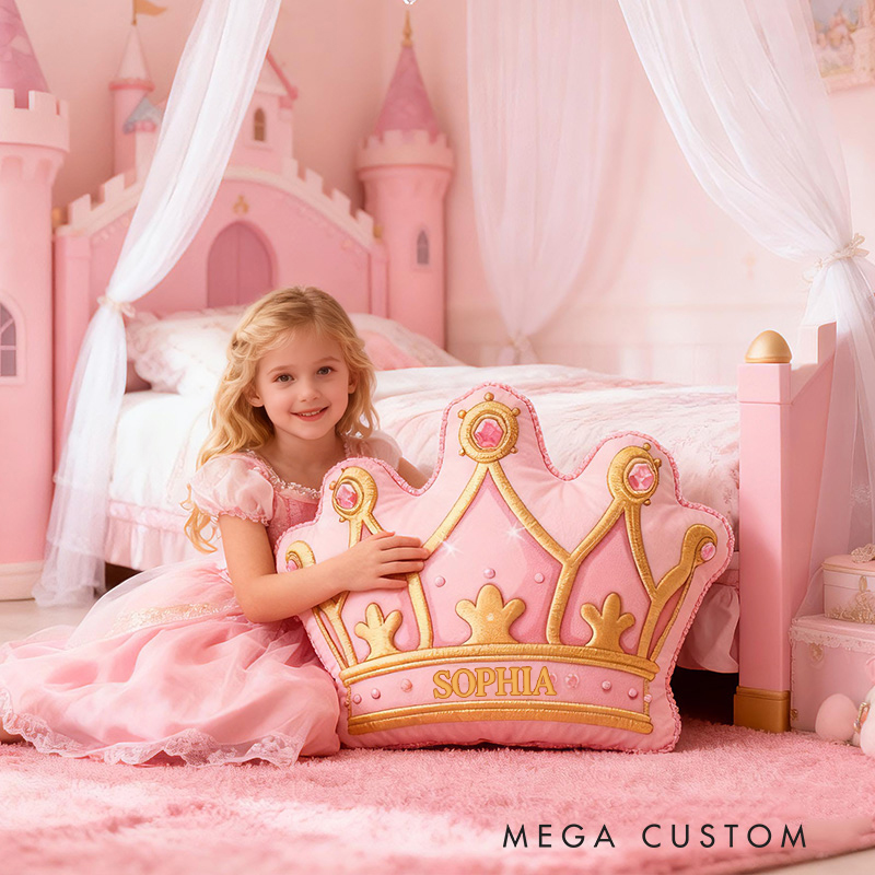 Personalized Pink Crown Shape Custom Name Soft Decorative Gift Royal Princess Style Cozy Girls Room Fairytale Castle Graphic 3D Print Pillow
