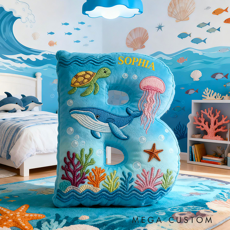Personalized Ocean Letter Custom Name Soft Decorative Gift Underwater Sea Style Cozy Bedroom Blue Coral Whale Turtle Starfish Colorful Waves Marine Wonder Graphic 3D Print Pillow