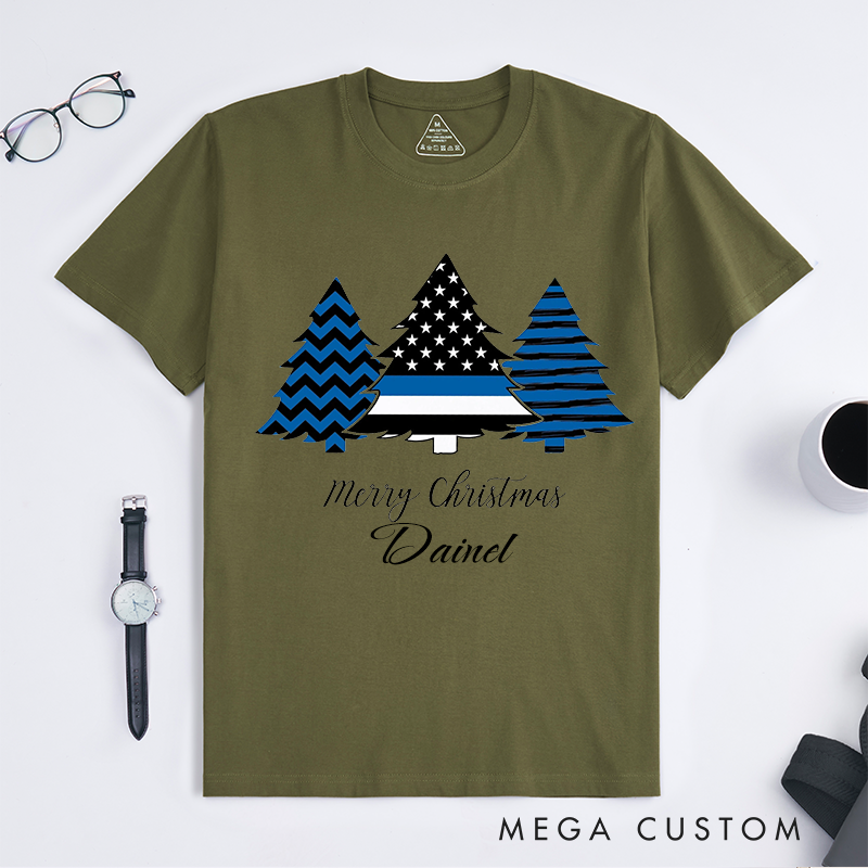 Personalized Police Merry Christmas Thin Blue Line Police Holiday Custom Design Gift for Police Officer T-Shirt