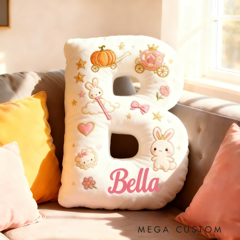 Personalized Letter Bunny Custom Name Soft Decorative Gift Sweet Princess Style Cozy Nursery Pink Dream Cute Rabbit Crown Flowers Magical Baby Room Graphic 3D Print Pillow
