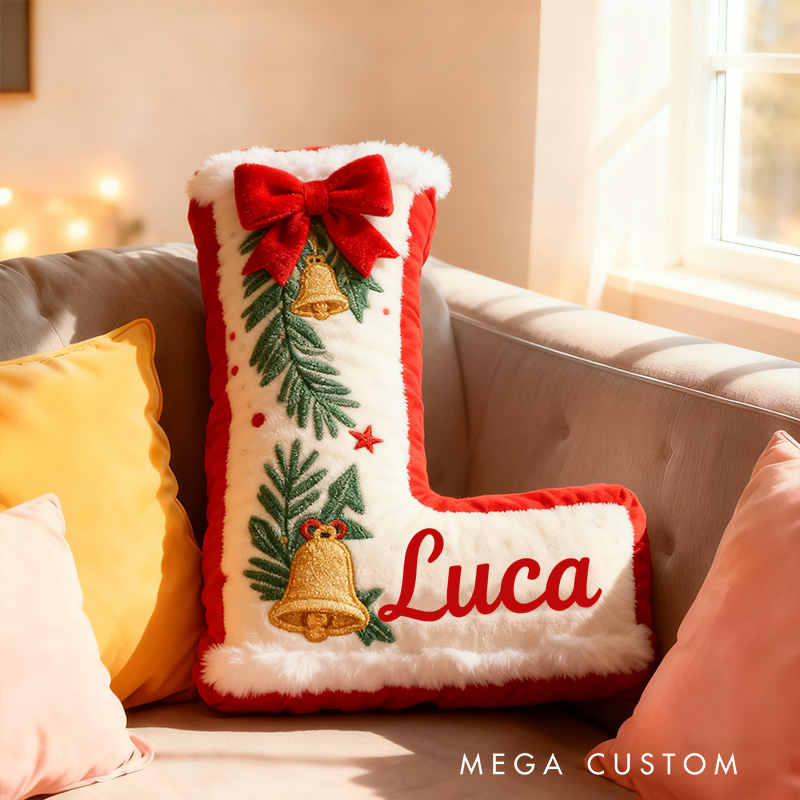 Personalized Christmas Letter Name Custom Kids Gift Festive Red Bow Holiday Cozy Decorative Graphic 3D Print Pillows