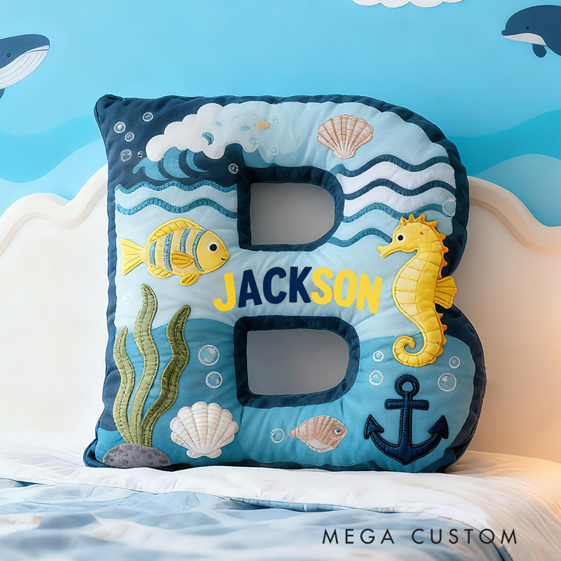 Personalized Pirate Ocean Letter Custom Name Soft Decorative Gift Underwater Sea Style Cozy Bedroom Blue Wave Fish Anchor Seahorse Ship Adventure Graphic 3D Print Pillow