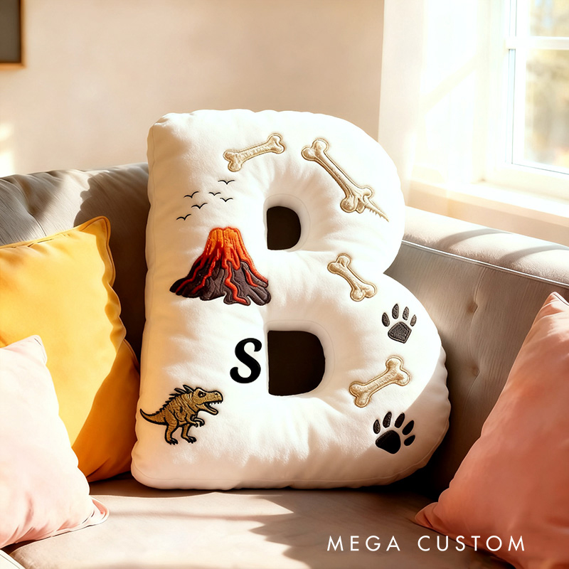 Personalized Volcano Letter Name Custom Kids Gift Dinosaur Bones Lava Adventure Fun Soft Decorative Graphic 3D Print Pillow