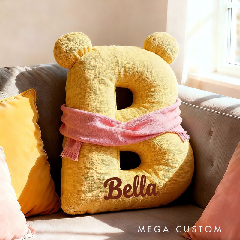 Personalized Bear Letter Name Custom Kids Gift Cute Yellow Soft Cozy Decorative Graphic 3D Print Pillow Gift for Kids Family