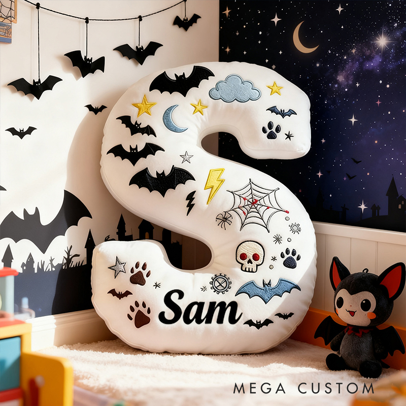 Personalized Bat Custom Name Soft Decorative Gift Spooky Night Style Cozy Bedroom Moon Star Ghost Fun Cute Boy Room Black White Magic Vibe Graphic 3D Print Pillow