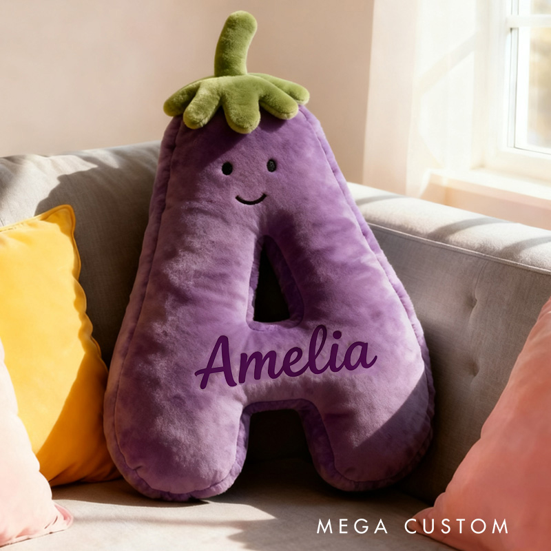 Personalized Eggplant Letter Name Custom Kids Gift Funny Purple Vegetable Soft Cute Decorative Graphic 3D Print Pillow Funny Gift for Kids Family