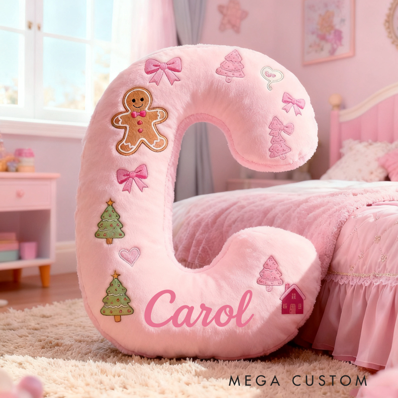 Personalized Cartoon Pink Christmas Initials with Name Graphic 3D Print Pillow Christmas Gift for Kids 