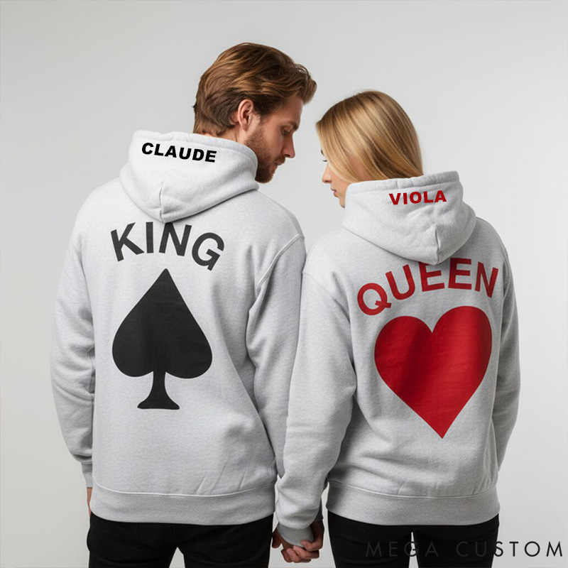 Personalized Couple King and Queen Matching Hoodie with Name Custom Couple Playing Card Sweatshirt Valentine's Day Gift for Him Her Anniversary Gift