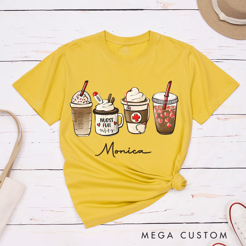 Personalized Nurse T-Shirts Nurse Fuel Coffee and Care T-Shirts