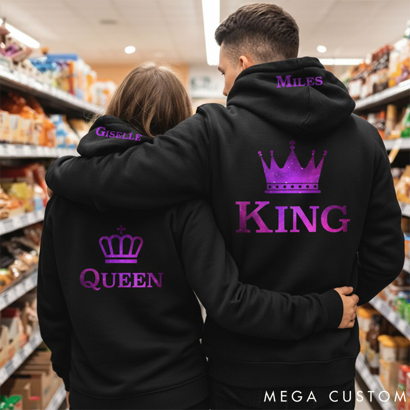 Personalized Couple Purple King and Queen with Crown Matching Hoodie Custom Couple Sweatshirt with Name Anniversary Gift Valentine's Day Gift