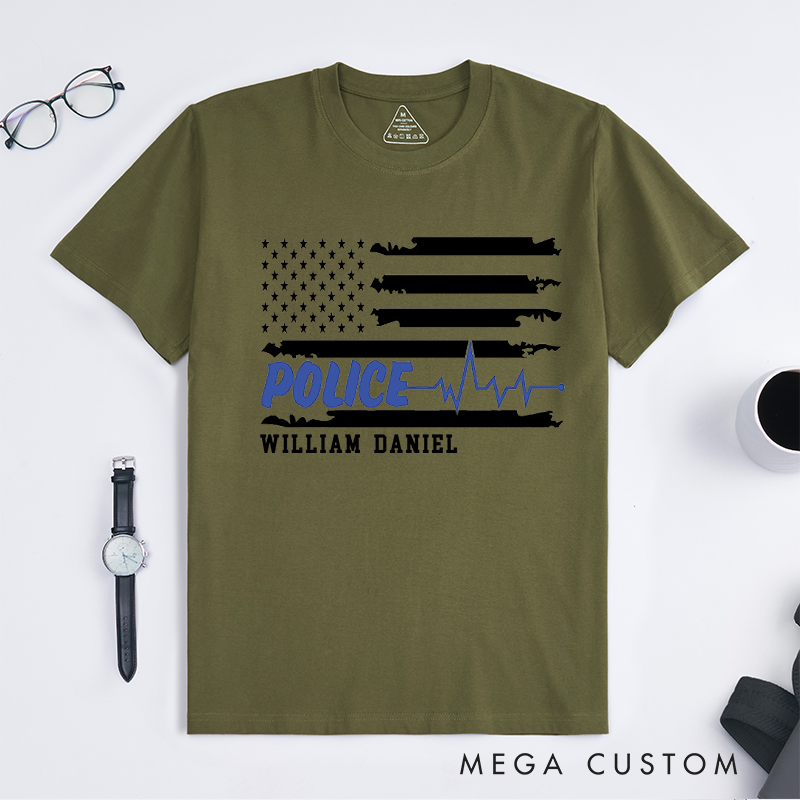 Personalized Police Thin Blue Line Flag with Heartbeat Custom Design Gift for Police Officer T-Shirt