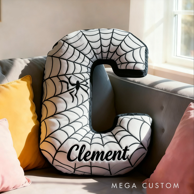 Personalized Cute Black Spider Web Initial Name Pillow Christmas Gift for Kids Family