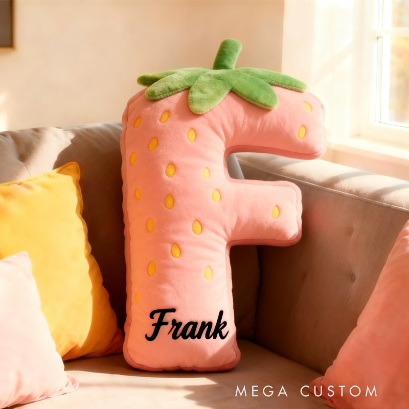 Personalized Cute Strawberry Initial Graphic 3D Print Pillow with Name Christmas Gift for Kids