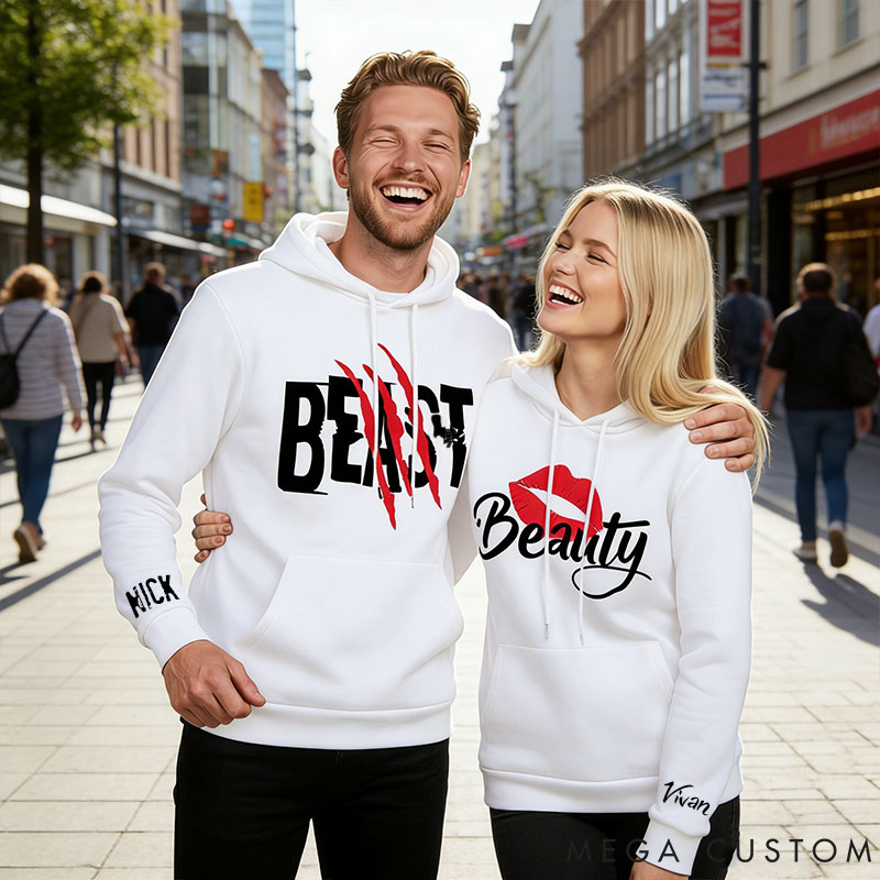 Personalized Couple Beast with Claw and Beauty with Kiss Matching Hoodie Custom Couple Sweatshirt with Name Anniversary Gift Valentine's Day Gift
