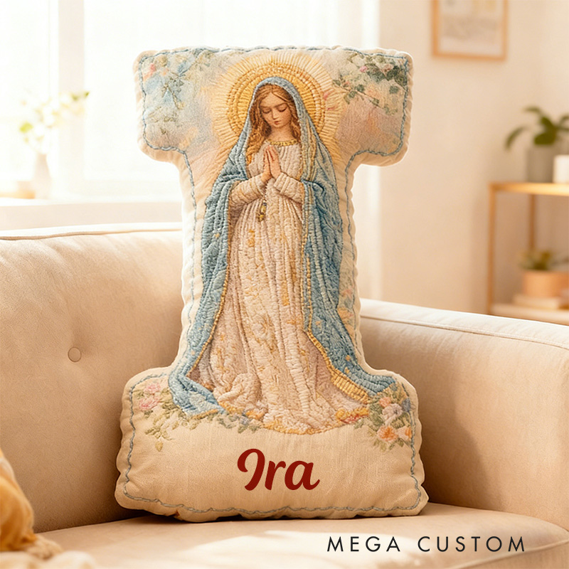 Personalized Virgin Mary Floral Letter Pillow with Custom Name Religious Home Decor Gift Catholic Gift for Her Prayer Gift Graphic 3D Print Pillow